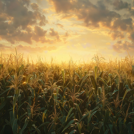 A field of corn bathed in the warm glow of a sunset, the golden light illuminating the lush green stalks and casting long shadows across the land.の写真素材