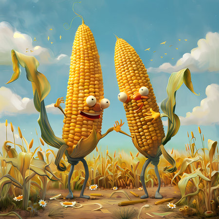 Two happy cartoon corn cob characters smiling in a field, digital artの写真素材