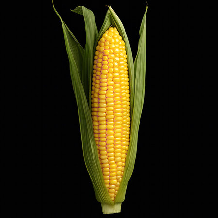 A single ear of corn with its husk intact, showing the vibrant yellow kernels. The image captures the essence of a fresh, ripe, and ready-to-eat corn cob.の写真素材