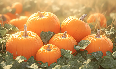 A close-up photo of pumpkins in a patch with green leaves and bright sunlight.の写真素材