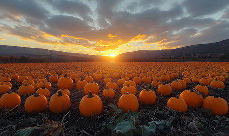 A stunning sunset over a vast pumpkin field. The golden light illuminates the orange pumpkins, creating a beautiful and festive scene.の写真素材