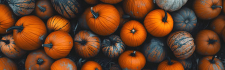 A close-up photograph showcasing a vibrant collection of pumpkins in various shades of orange and...