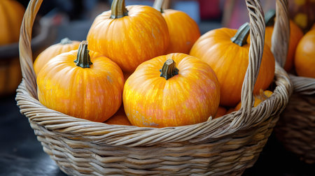 A basket full of ripe orange pumpkins ready for the fall season.の写真素材