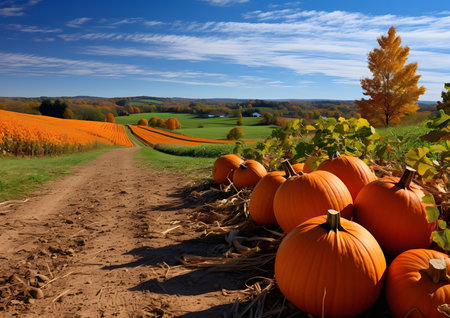 A picturesque autumn scene with a path leading through a pumpkin patch, surrounded by fields of fall foliage, under a bright blue sky.の写真素材