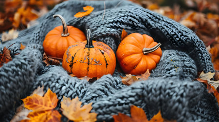 Three pumpkins rest on a gray blanket amongst autumn leaves, creating a cozy fall scene.の写真素材