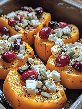 Close-up of baked stuffed peppers with feta cheese, cranberries, and pumpkin seeds. The peppers are golden brown and have a savory and flavorful filling.の写真素材