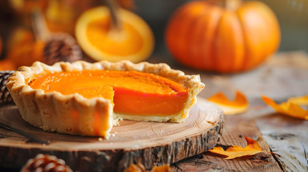 A freshly baked pumpkin pie with a slice missing, placed on a rustic wooden table, surrounded by fall foliage and a pumpkin.の写真素材