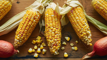 A close-up shot of four corn cobs, arranged in a row on a wooden surface, with husks and kernels...