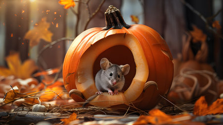 A cute little mouse peeks out of a carved pumpkin, surrounded by fall foliage. The image evokes a sense of playful mischief and the spirit of Halloween.の写真素材