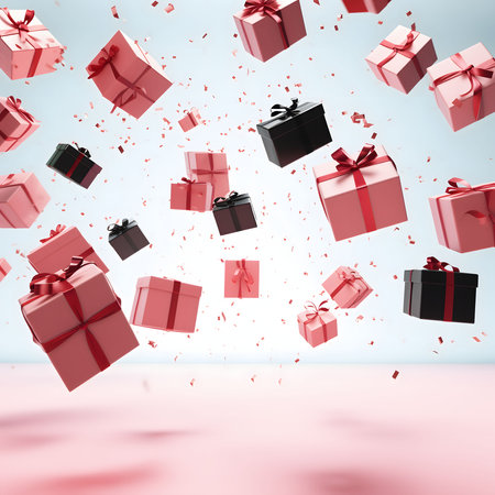 A collection of pink and black gift boxes falling against a pastel background, creating a festive and celebratory atmosphere.の写真素材