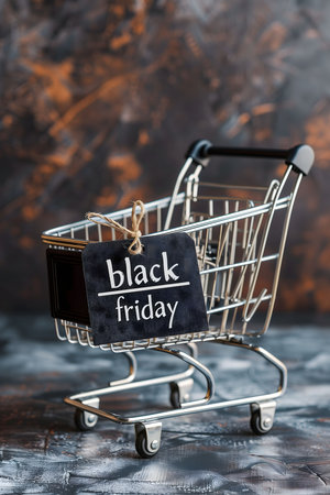 A small shopping cart with a black tag that says 'Black Friday' on it. The cart is on a dark gray background.の写真素材