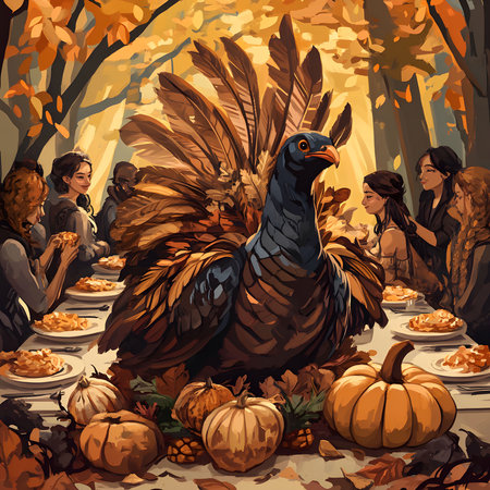 A festive Thanksgiving scene featuring a large turkey, a table laden with food, and a group of women gathered around it. The warm colors and autumnal setting create a cozy and inviting atmosphere.の写真素材