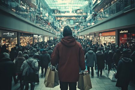 A large crowd of shoppers is in the mall. The man in the center is walking toward the camera with bags in hand.の写真素材