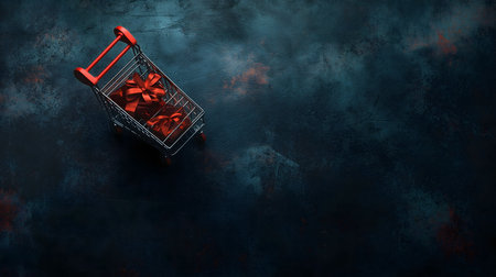 A small shopping cart filled with red gift boxes on a dark blue textured background.の写真素材