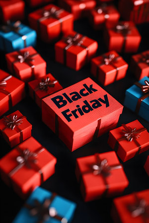 A close-up image of red gift boxes with a Black Friday sign in the center, suggesting a shopping promotion for the holiday.の写真素材