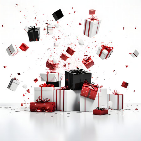 A multitude of wrapped gifts, adorned with red ribbons and bows, explodes upwards against a stark white backdrop. Confetti dances around them, creating a festive and celebratory atmosphere.の写真素材