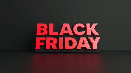 A 3D rendering of a black friday sale sign, with a red text on a black backgroundの写真素材