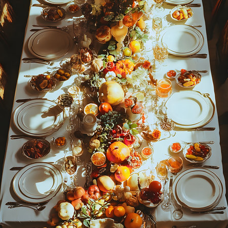 A table beautifully set for a festive gathering, complete with a lavish centerpiece and elegant tableware, reflecting the warmth of the occasion.の写真素材