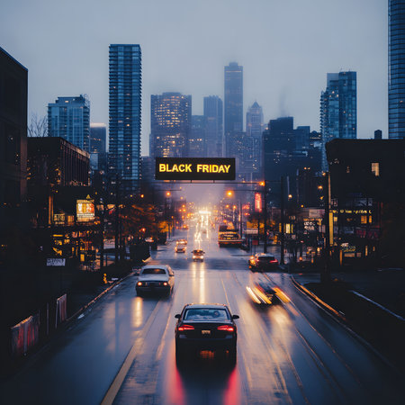 A view of a city street at night with traffic and a Black Friday sign. The street is lined with tall buildings and illuminated by streetlights.の写真素材