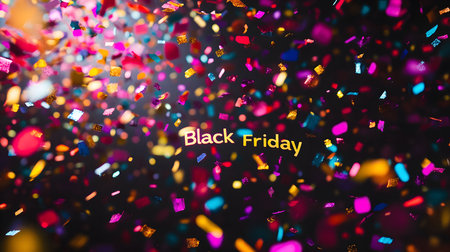 A close up shot of colorful confetti falling against a black background with the words 'Black Friday' in the center. The image captures the excitement and anticipation of the Black Friday shopping event.の写真素材