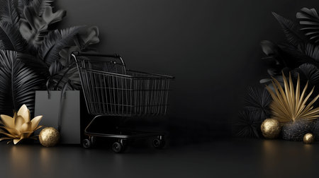 A black shopping cart with a black shopping bag, golden leaves, and spheres on a black background. The image is a perfect visual for promoting a black Friday sale.の写真素材