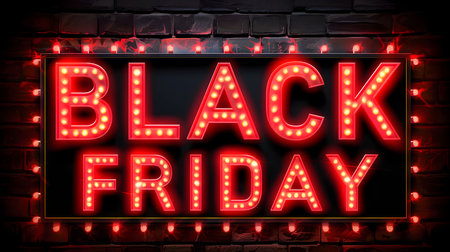 A black friday sign on a brick wall, with red light bulbs.の写真素材