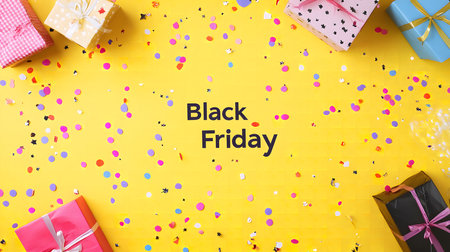 A festive celebration for Black Friday, featuring colorful gifts wrapped in ribbons and confetti scattered across a yellow background.の写真素材