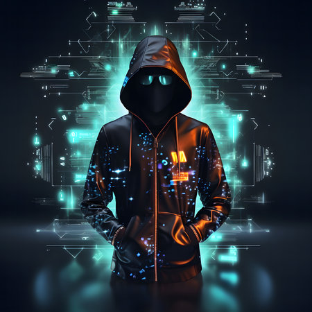 A hooded figure with glowing eyes stands in front of a digital background. The figure is a mysterious hacker in the digital realm, representing the challenges and opportunities presented by modern technology.の写真素材