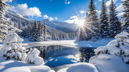 A breathtaking snowy mountain lake with a crystal-clear blue water reflecting the sunlight. The...