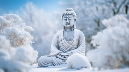 A serene Buddha statue sits amidst a snowy landscape, symbolizing peace and tranquility.の写真素材