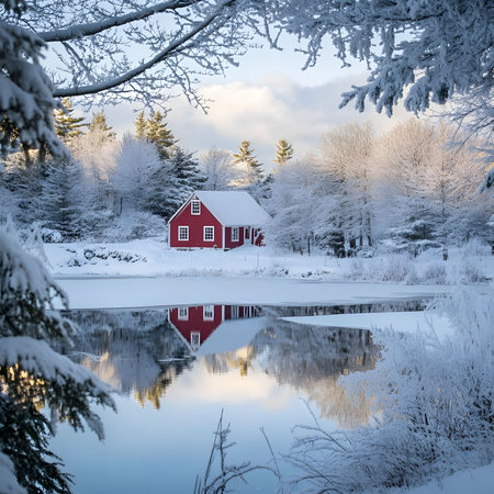 A red cabin sits on the edge of a frozen lake, its reflection mirroring the peaceful winter scene.の写真素材