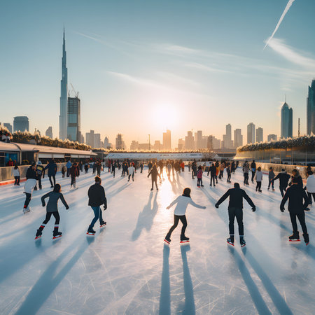 People ice skating on a frozen lake in front of the Dubai skyline under a golden sunsetの写真素材