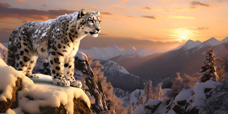 A snow leopard stands on a rocky mountain peak overlooking a stunning sunset in the Himalayas. The scene evokes feelings of tranquility and awe at the beauty of nature.の写真素材