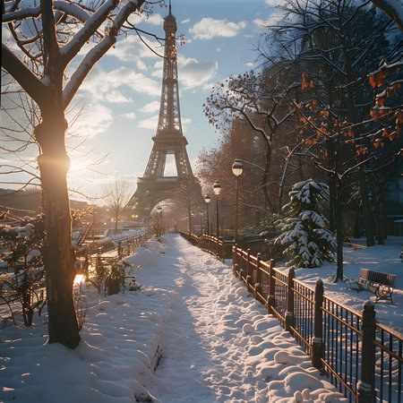A snow-covered pathway leading towards the Eiffel Tower in Paris, with trees lining the path and the sun shining in the distance. The image captures the beauty of the city in winter.の写真素材