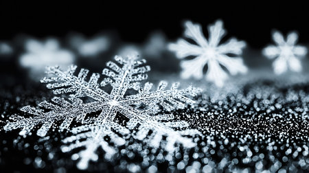 A macro photograph of a snowflake resting on a dark surface with bokeh in the background.の写真素材