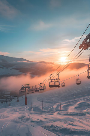 A scenic view of a ski resort at sunset, with the chairlift silhouetted against the colorful sky.の写真素材