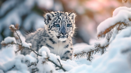 A snow leopard cub sits amidst a snowy forest, its blue eyes captivating. Its pristine white fur...