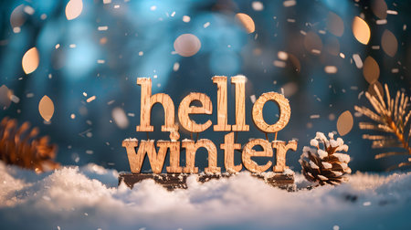 A wooden sign spelling "Hello Winter" placed in snow with a pine cone and a blurry background of blue and white lights.の写真素材