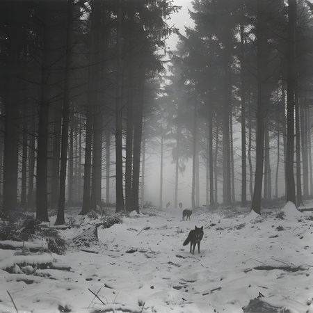 A group of wolves walk through a snowy forest shrouded in fog, creating a sense of mystery and...