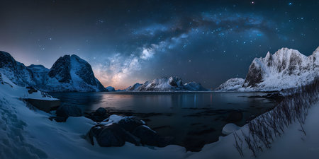 A stunning view of the Milky Way galaxy stretching across the night sky over snow-covered mountains and a calm body of water.の写真素材