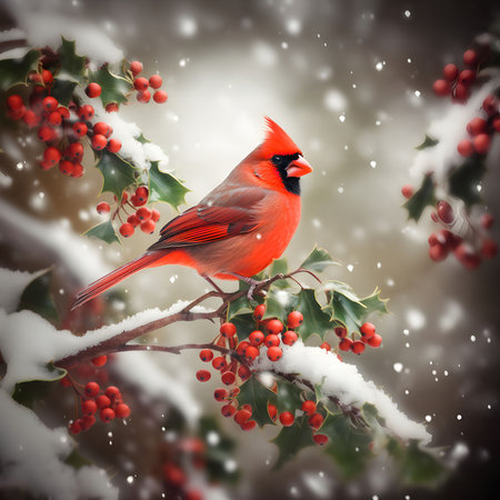 A vibrant cardinal perched on a snow-covered holly branch, surrounded by red berries, against a soft...