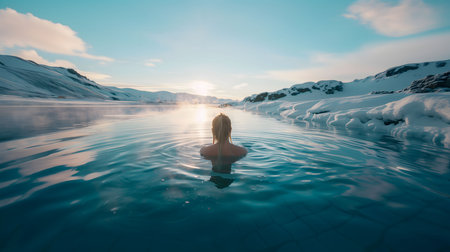 A woman enjoys the warmth of a natural hot spring surrounded by a snow-covered mountain range. The blue water reflects the bright sky and the sun, creating a tranquil and peaceful atmosphere.の写真素材