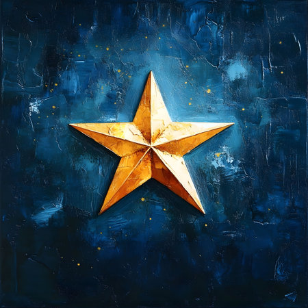 A single golden star stands out against a dark blue canvas, creating a captivating and symbolic composition.の写真素材