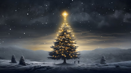 A towering Christmas tree illuminated with lights stands tall against a snowy winter landscape under a star-studded sky. The scene evokes a sense of peace and joy during the holiday season.の写真素材