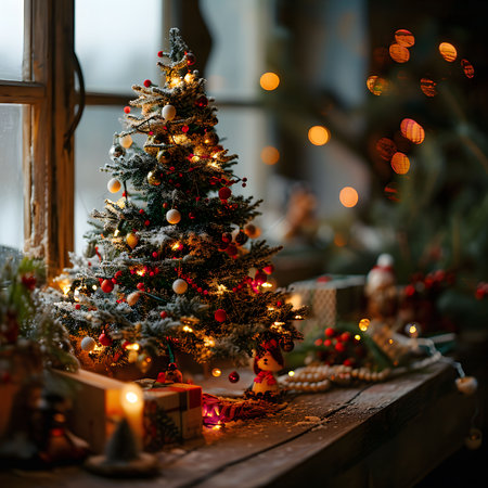 A beautifully decorated Christmas tree with twinkling lights and ornaments, radiating festive cheer and holiday spirit.の写真素材