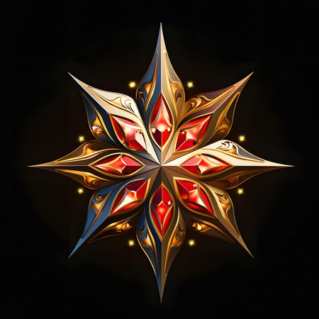 A digitally rendered 3D image of a golden star with red gems. It is intricately designed with symmetrical patterns and a shiny surface.の写真素材
