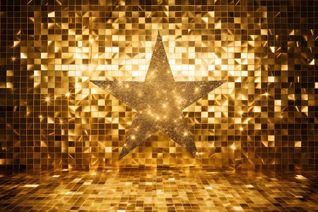A golden star with glitter on a background of golden tiles, great for holiday or party themesの写真素材