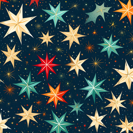 A seamless pattern with colorful stars on a dark background. The stars are in different colors and sizes, creating a bright and festive design.の写真素材