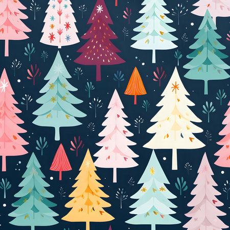A colorful pattern of Christmas trees with different colors and shapes, perfect for a festive background or holiday card.の写真素材