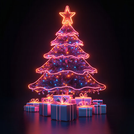 A glowing neon Christmas tree with gifts underneath, a festive and magical holiday scene.の写真素材
